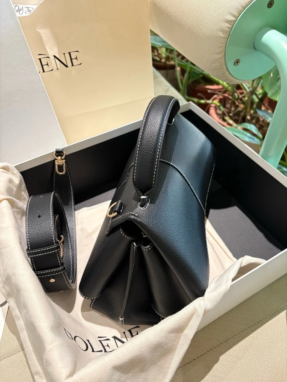 Polène Black Leather Satchel with Top Handle